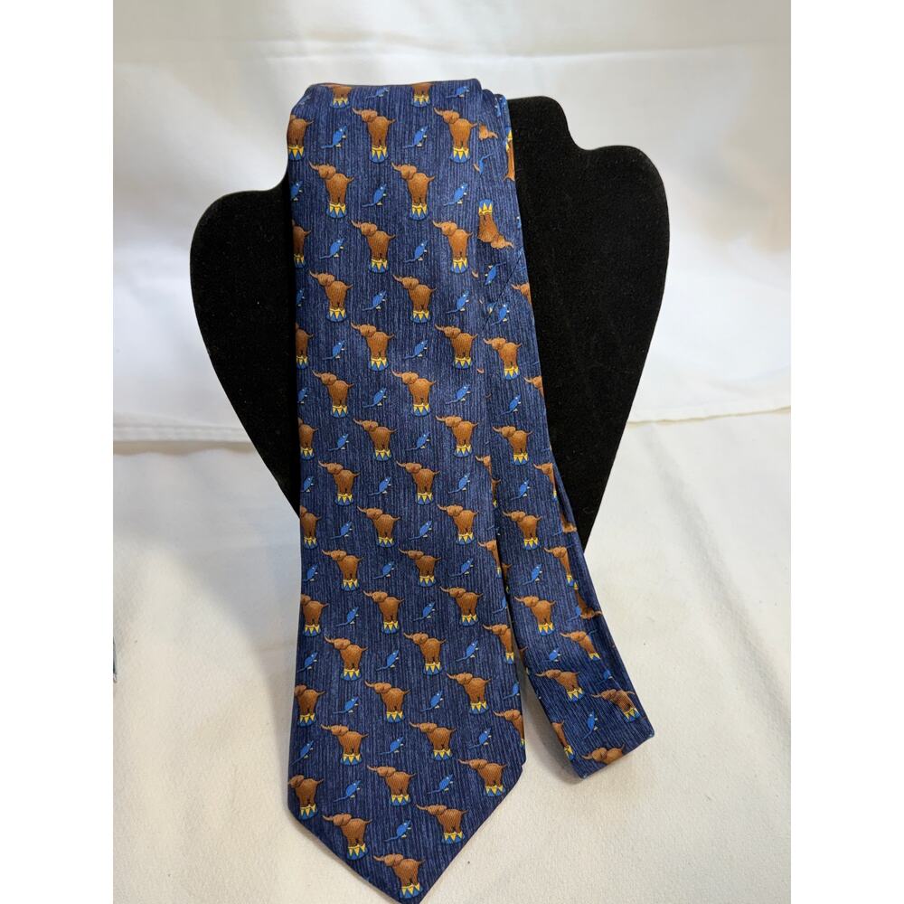 Vintage Hermes Paris Designer Tie 100% Silk, Blue with Brown Elephants